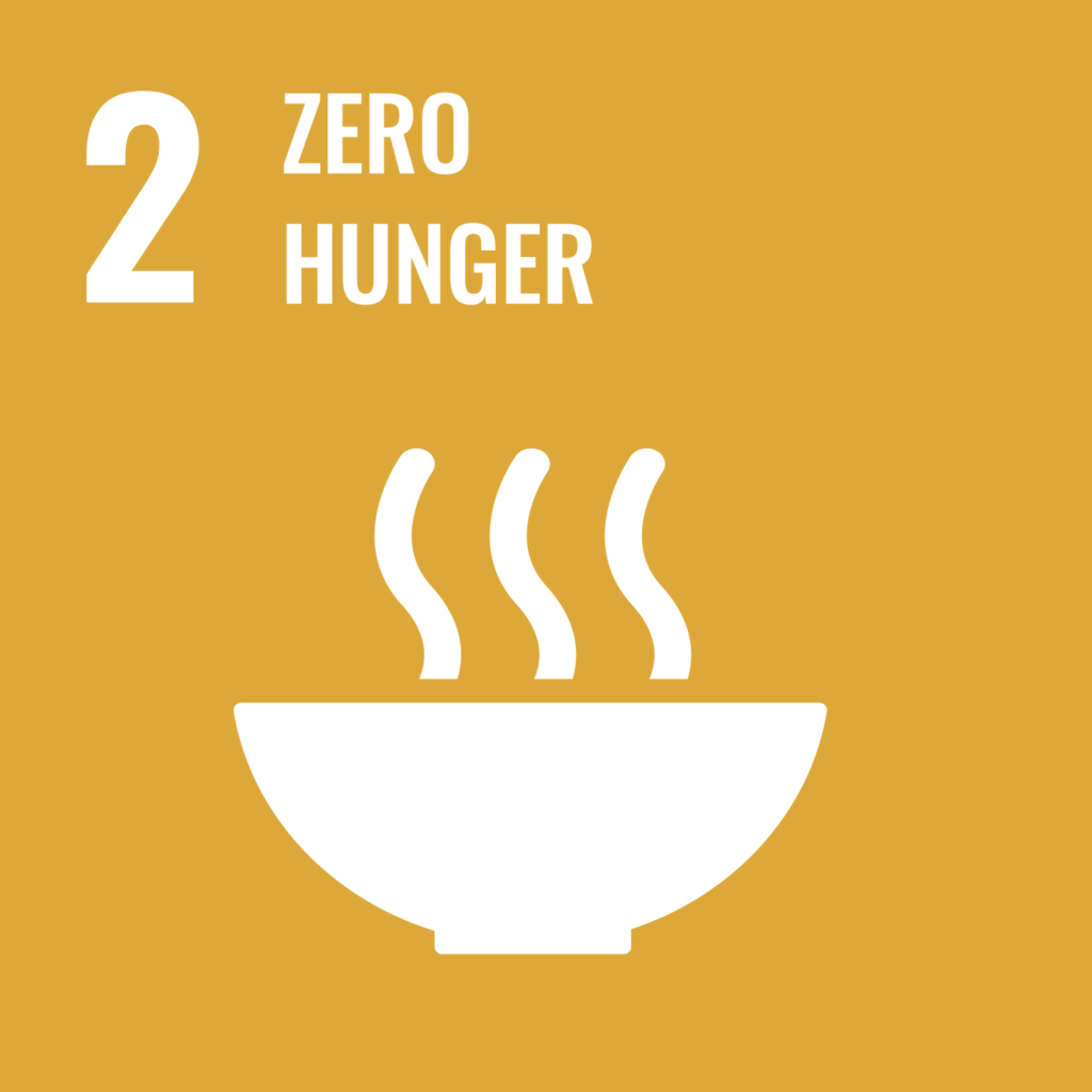 Logo SDG 2 Zero hunger: bowl of steaming food; Sustainable Development Goals (SDGs)