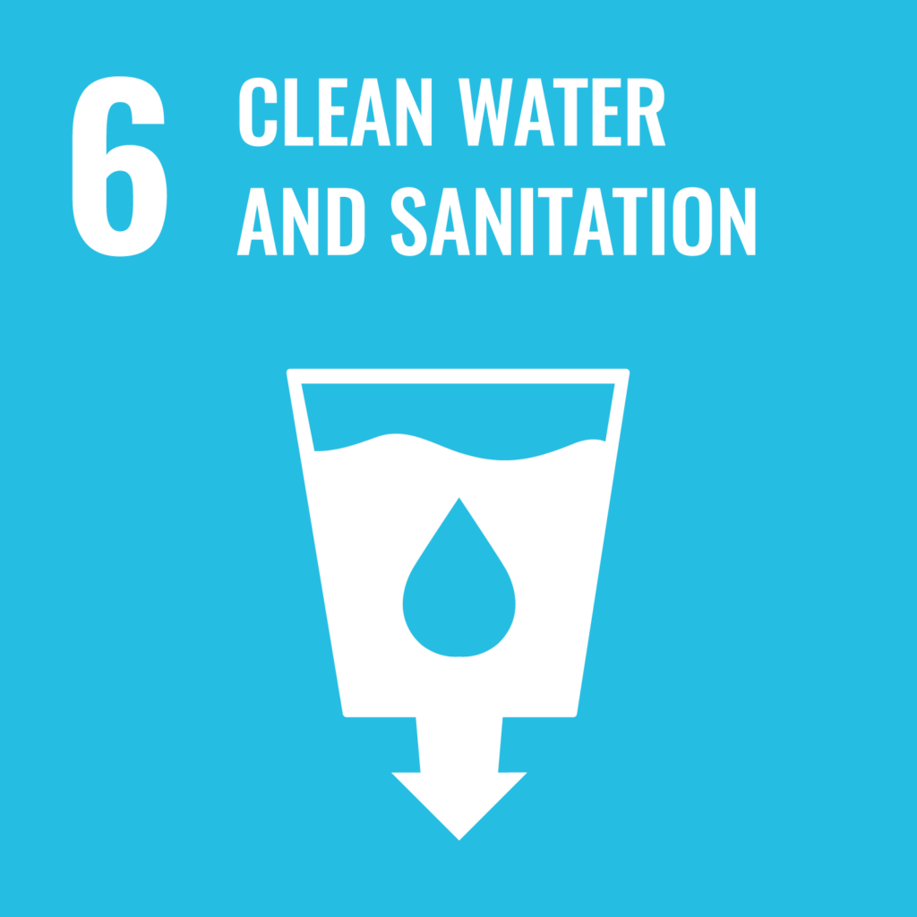 Logo SDG 6 clean water and sanitation: full water glass with arrow pointing downwards; Sustainable Development Goals (SDGs)