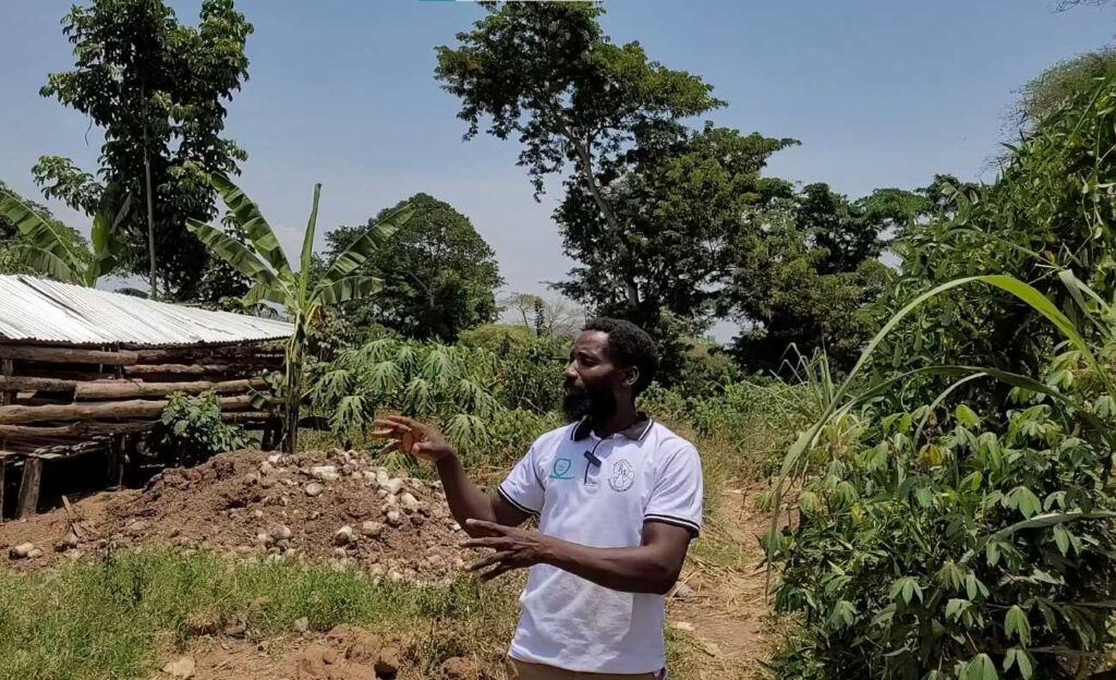 Permaculture teacher Bemeriki Bisimwa Dusabe, founder of Rwamwanja Rural Foundation (RRF) in Uganda, showing their permaculture community garden in the refugee settlement.