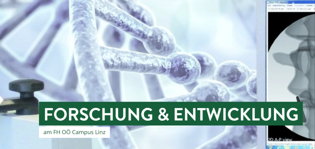 Hintergrund: DNA-Doppelhelix; Text: Forschung & Entwicklung am FH OÖ Campus Linz