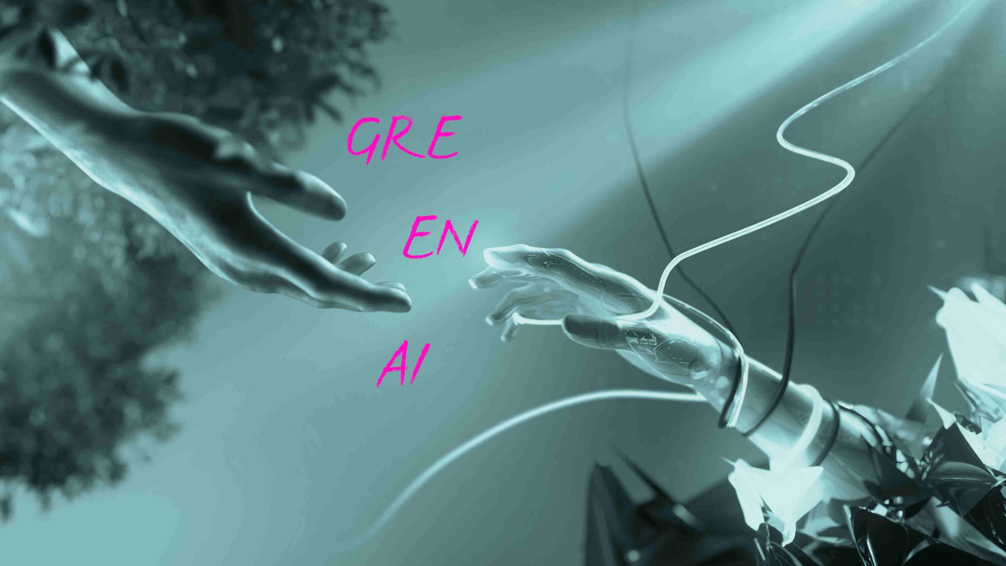 Menschliche Hand und Roboter Hand nähern sich. Text auf Bild: GRE EN AI