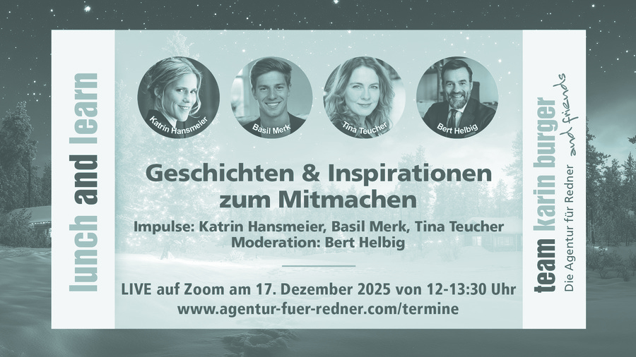 Flyer zum Event Lunch & Learn mit Informationen und Bildern der Speaker*innen und des Moderators