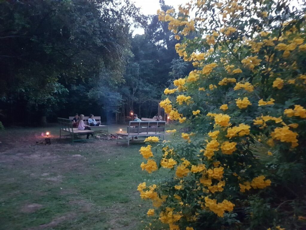 people relaxing at bonfire at OurLand Ecovillage in Thailand