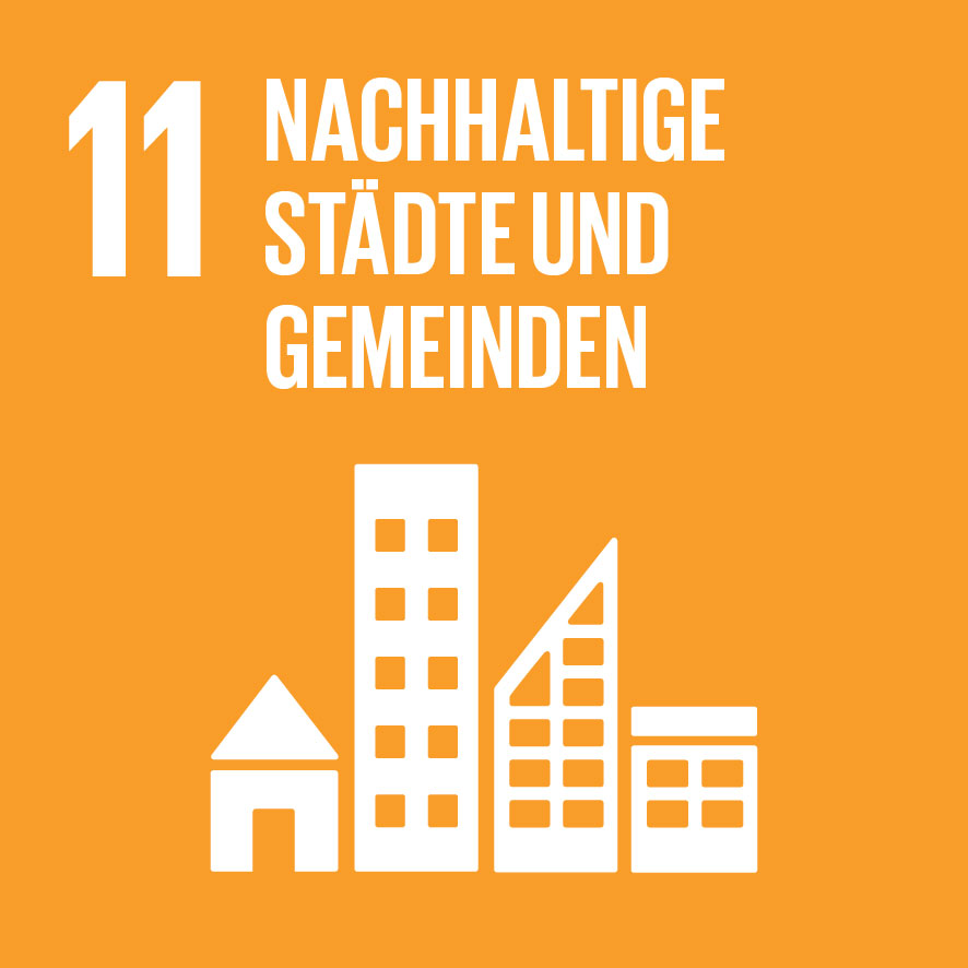 Logo SDG 11 nachhaltige Städte und Gemeinden: Häuser und Hochhäuser; Ziele für nachhaltige Entwicklung
