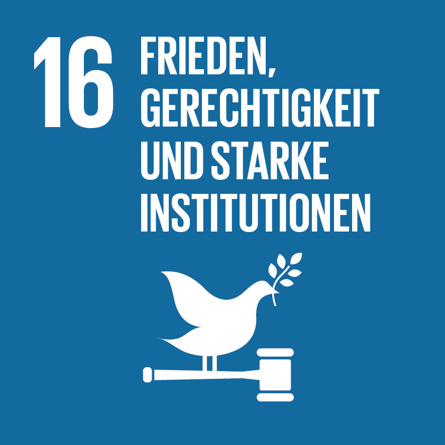 Logo SDG 16 Frieden, Gerechtigkeit und starke Institutionen: Friedenstaube mit Olivenzweig und Richterhammer; Ziele für nachhaltige Entwicklung