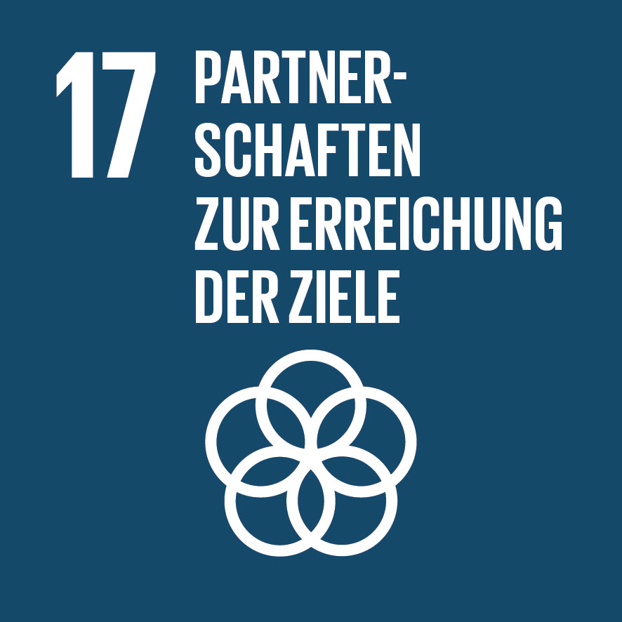 Logo SDG 16 Partnerschaften zur Erreichung der Ziele: sich überschneidende Kreise; Ziele für nachhaltige Entwicklung