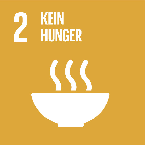 Logo SDG 2 Kein Hunger: Schale mit dampfendem Essen; Ziele für nachhaltige Entwicklung