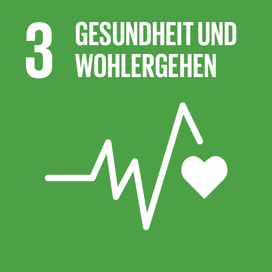 Logo SDG 3 Gesundheit und Wohlergehen: EKG-ähnliche Kurve mit Herz-Icon; Ziele für nachhaltige Entwicklung