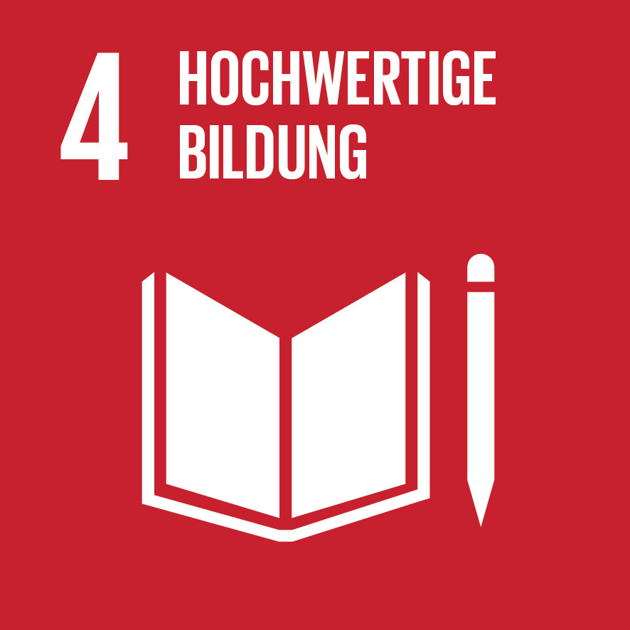 Logo SDG 4 hochwertige Bildung: Buch und Stift; Ziele für nachhaltige Entwicklung