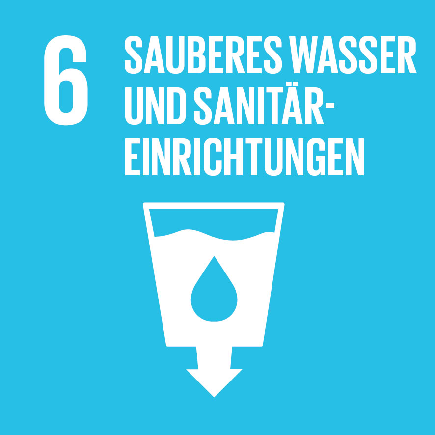 Logo SDG 6 sauberes Wasser und Sanitäreinrichtungen: gefülltes Wasserglas mit Tropfen-Symbol und Pfeil nach unten; Ziele für nachhaltige Entwicklung