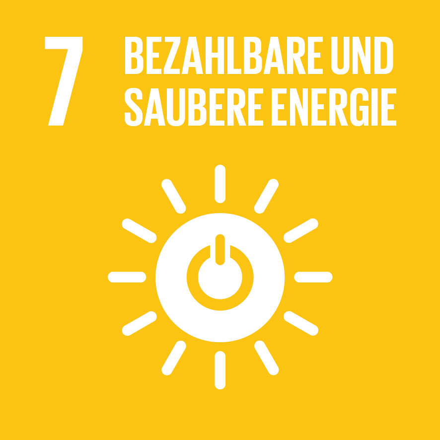 Logo SDG 7 bezahlbare und saubere Energie: Sonnensymbol mit Power-Symbol in der MItte; Ziele für nachhaltige Entwicklung