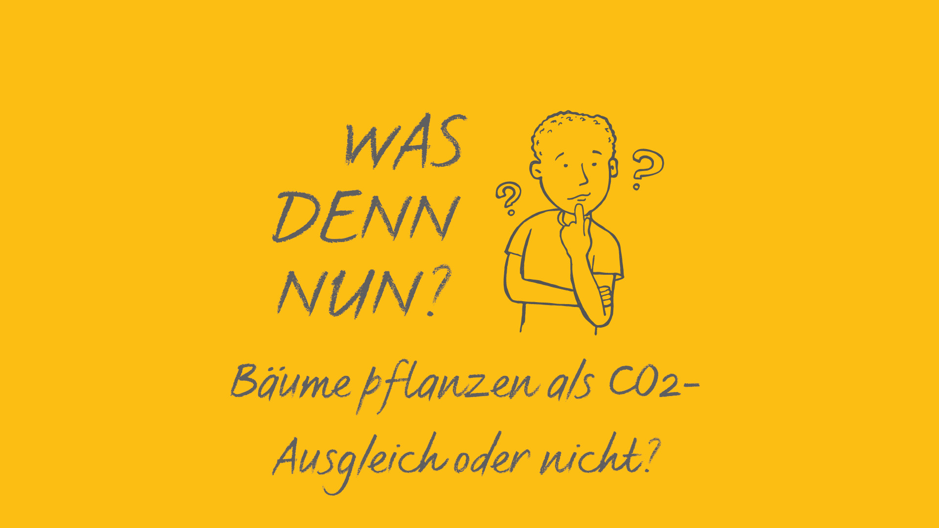 sonnengelber Hintergrund, Skizze einer denkenden Person mit Fragezeichen; Text: WAS DENN NUN? Bäume pflanzen als CO2-Ausgleich oder nicht?