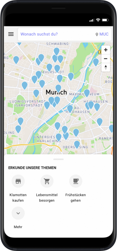 Smartphone Karte München. Pins markieren nachhaltige Initiative. Future, transition. 